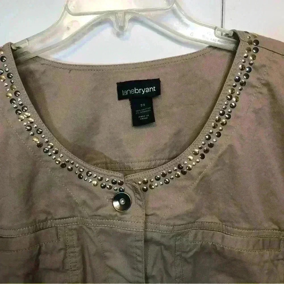 Lane Bryant Khaki Twill Jacket Size 28 Gold Silver Studs Button Front - Picture 2 of 13